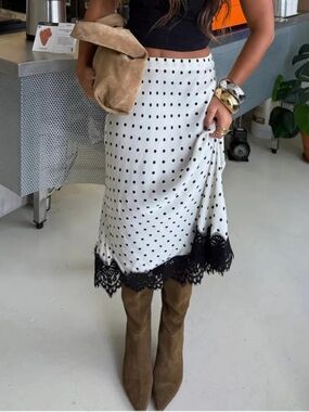Polka Dot Lace Hem Midi Skirt - White with Black Trim